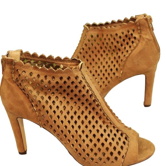Pierre Dumas Lattice Suede Tan Ankle Heel with Peep Toe 8.5 Women’s - Picture 1 of 12